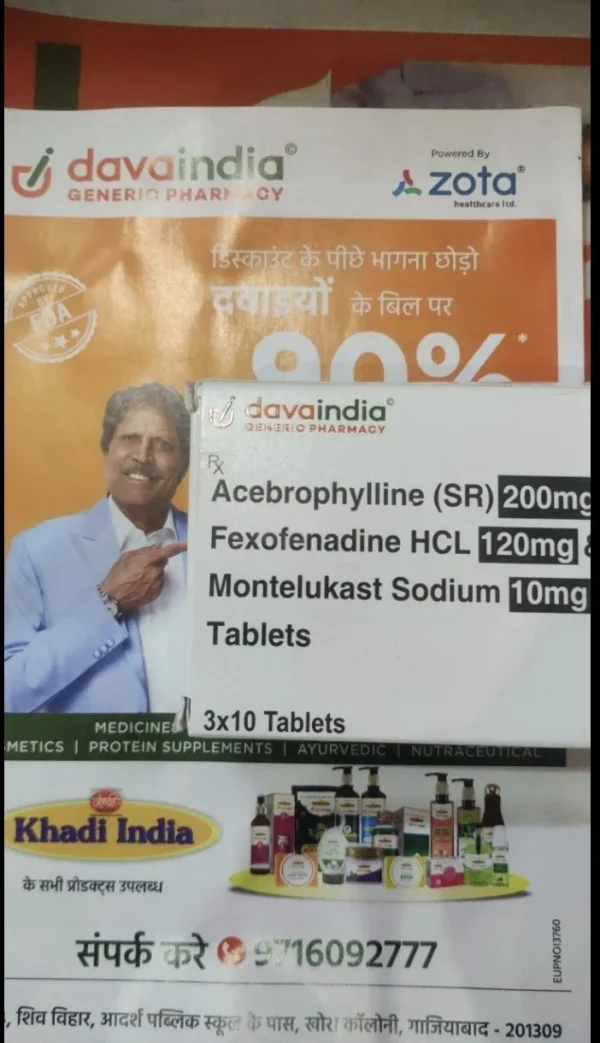 Acebrophylline (SR) 200mg Fexofenadine HCL 120mg & Montelukast Sodium 10mg Tablets