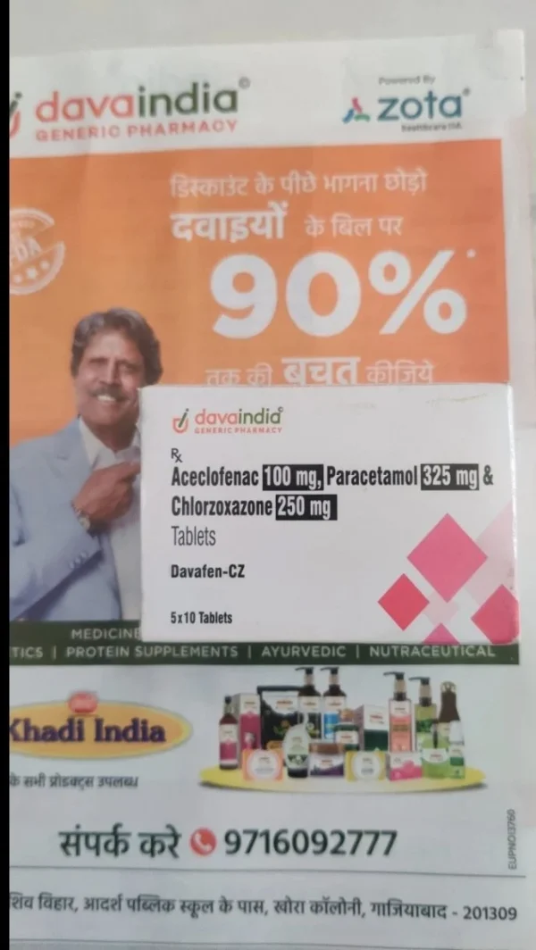 Aceclofenac 100 mg, Paracetamol 325 mg & Chlorzoxazone 250 mg tablet